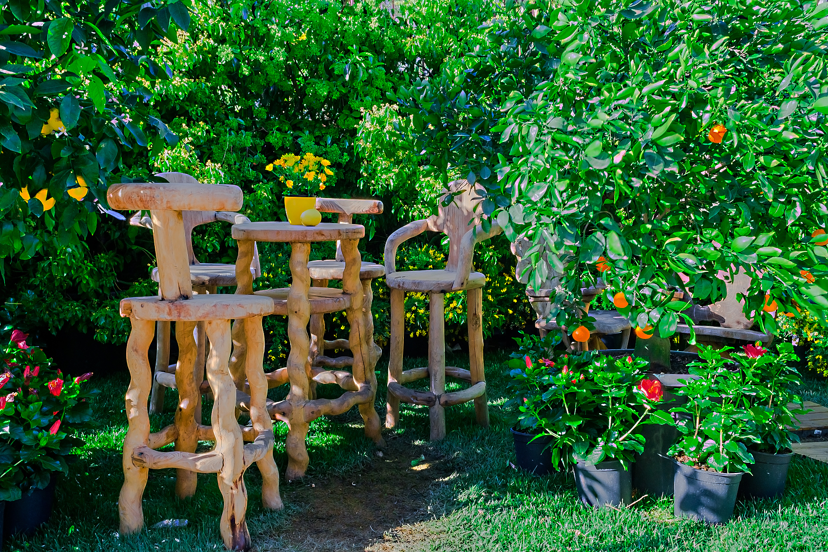 Wooden chairs and tables for a while relaxing in the middle of the greenery