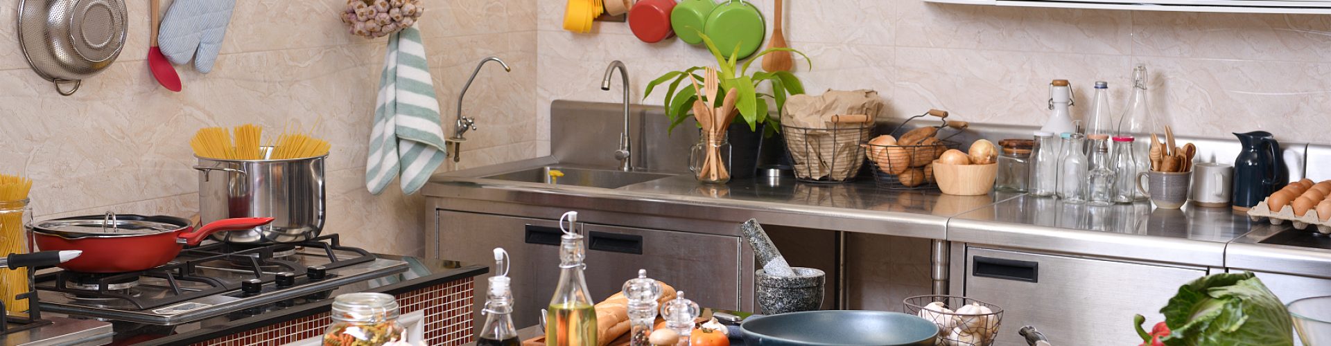 Kitchen full of ingredients and utensils ready to be used