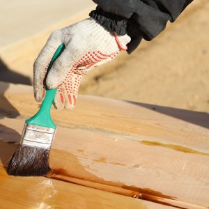 A master in gloves to paint wooden boards with a brush with varnish